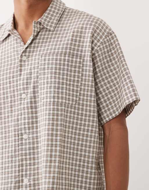Jack & Jones linen blend cropped short sleeve check shirt in khaki, 5 of 5