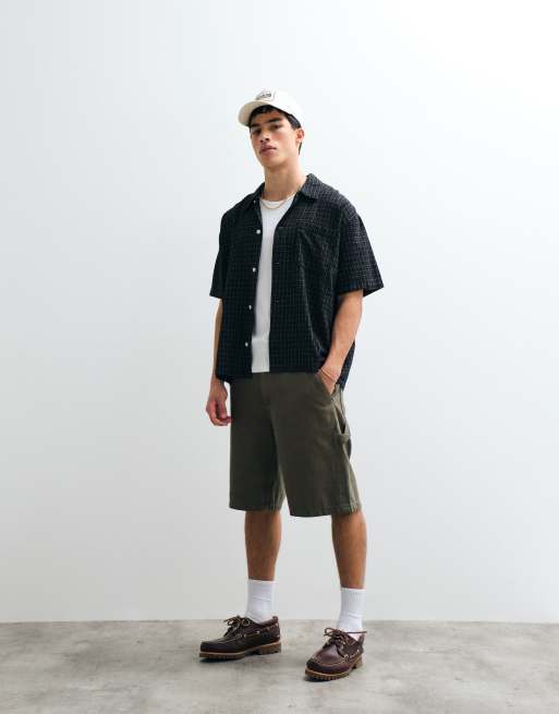 Jack & Jones linen blend cropped short sleeve plaid shirt in black, 4 of 7