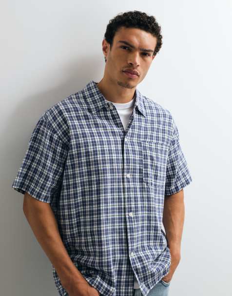 Jack & Jones linen blend cropped short sleeve plaid shirt in blue - view 1
