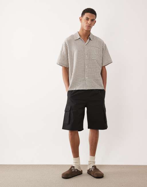 Jack & Jones linen blend cropped short sleeve plaid shirt in khaki, 2 of 5