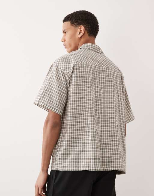 Jack & Jones linen blend cropped short sleeve plaid shirt in khaki, 3 of 5