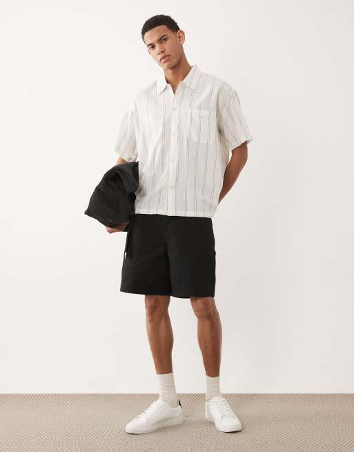 Jack & Jones linen blend cropped short sleeve striped shirt in cream, 2 of 5
