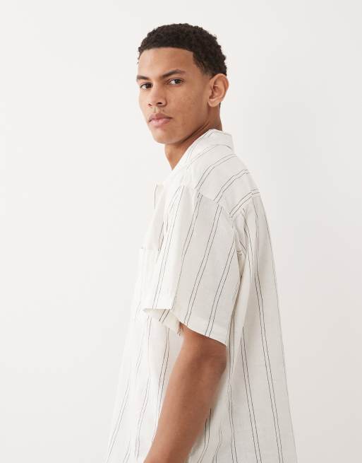 Jack & Jones linen blend cropped short sleeve striped shirt in cream, 4 of 5