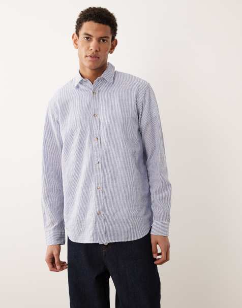 Jack & Jones linen blend long sleeve shirt in blue stripe