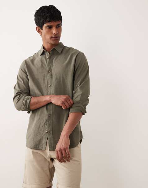 Jack & Jones linen blend long sleeve shirt in dark green - view 1
