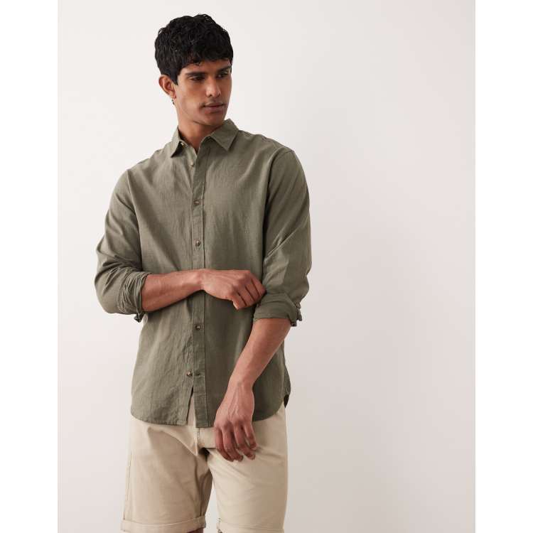 Jack & Jones linen blend long sleeve shirt in dark green | ASOS