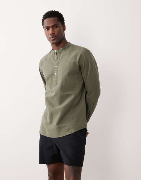 Jack & Jones linen blend overhead shirt in khaki - view 1