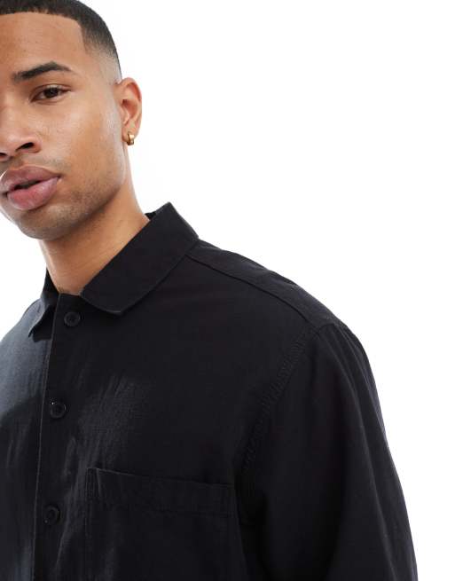 Jack & Jones linen blend overshirt in black, 3 of 4