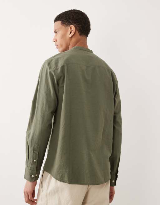 Jack & Jones linen blend shirt with grandad collar in khaki, 3 of 5