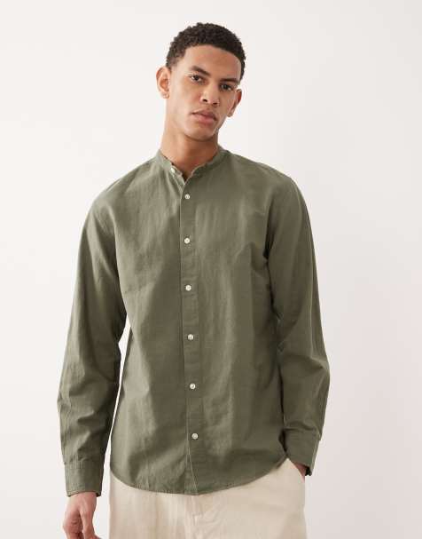 Jack & Jones linen blend shirt with stand collar in khaki green - view 1