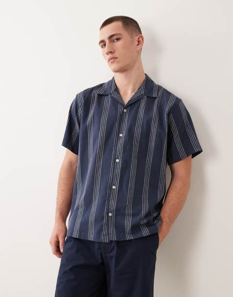 Jack & Jones linen blend short sleeve shirt with stripes in navy - view 1