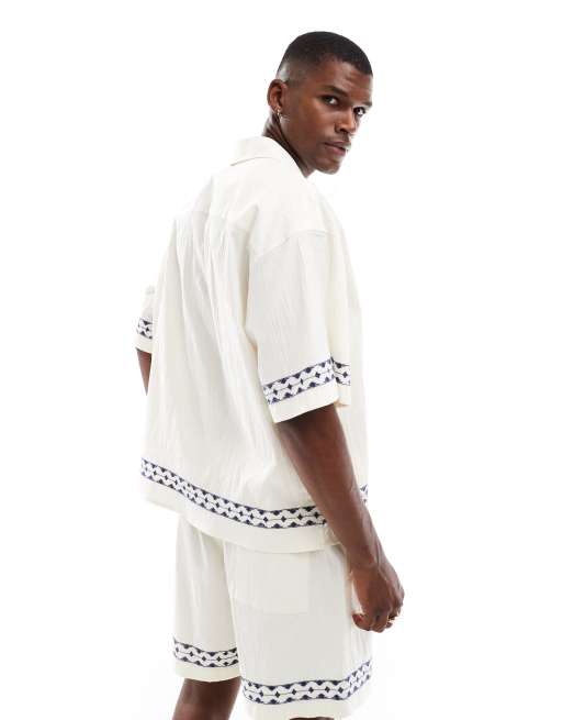 Jack & Jones co ord linen print shirt in cream