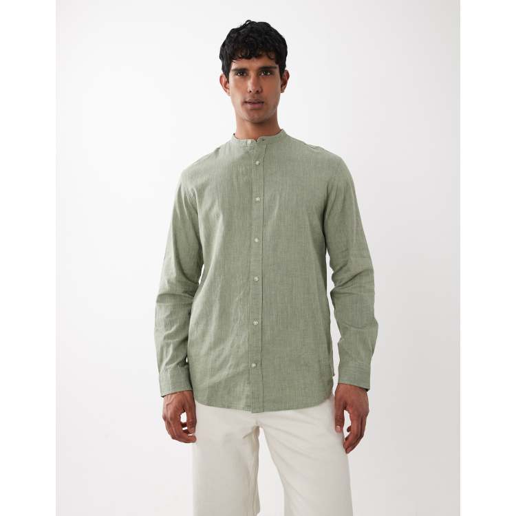 Jack & Jones linen mix band collar shirt in sage green | ASOS