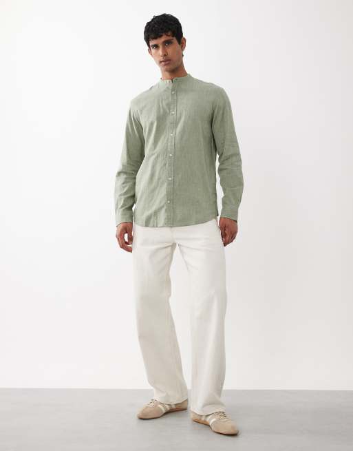 Jack & Jones linen mix band collar shirt in sage green | ASOS
