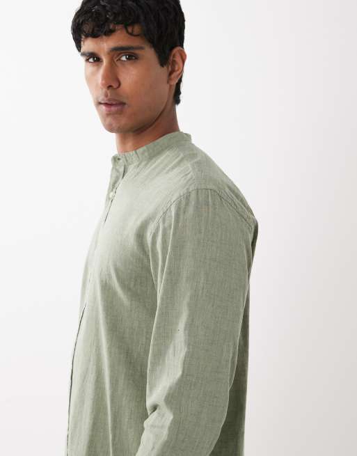 Jack & Jones linen mix band collar shirt in sage green | ASOS
