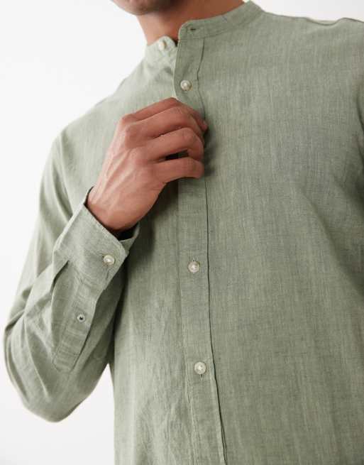 Jack & Jones linen mix band collar shirt in sage green | ASOS