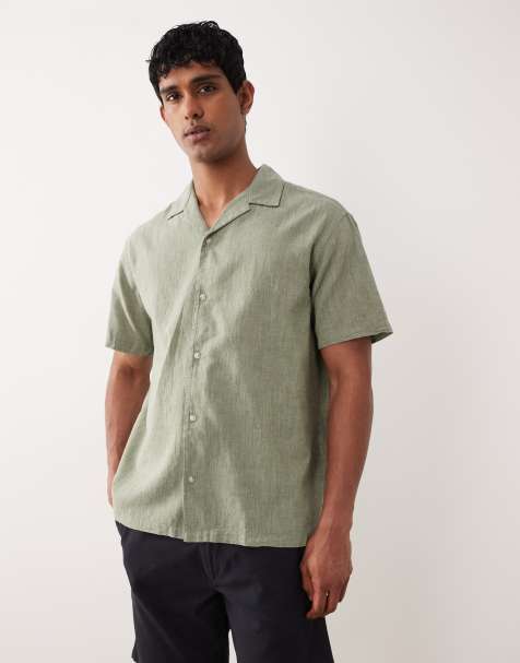 Jack & Jones linen mix camp collar shirt in sage green - view 1