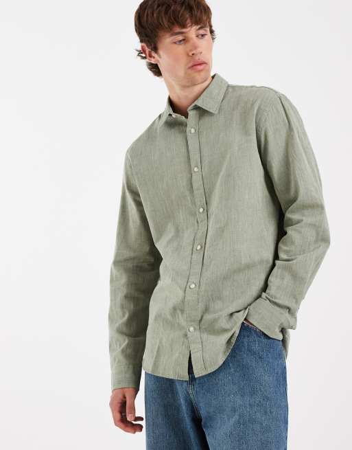 Jack & Jones linen mix long sleeve shirt in sage green, 6 of 6