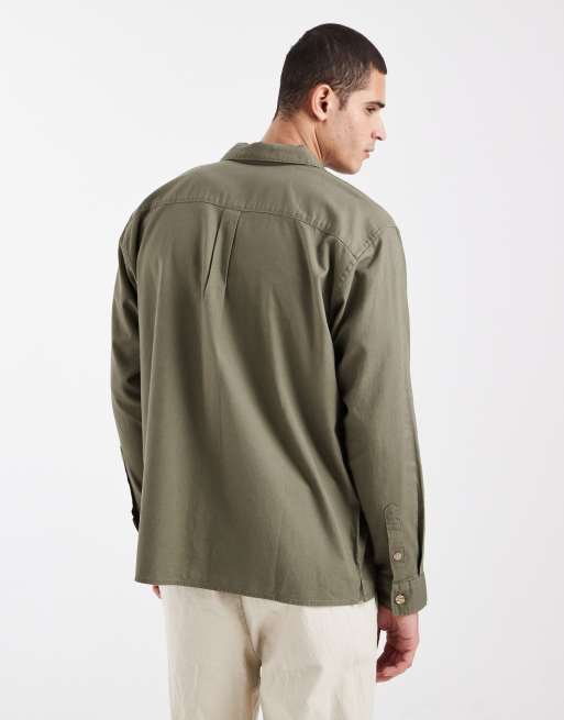 Jack & Jones linen mix overshirt in khaki, 3 of 5