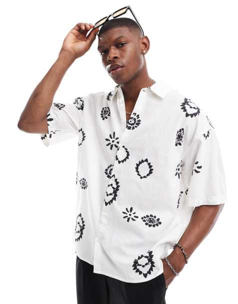 Jack & Jones linen mix placement print shirt in white  - view 1