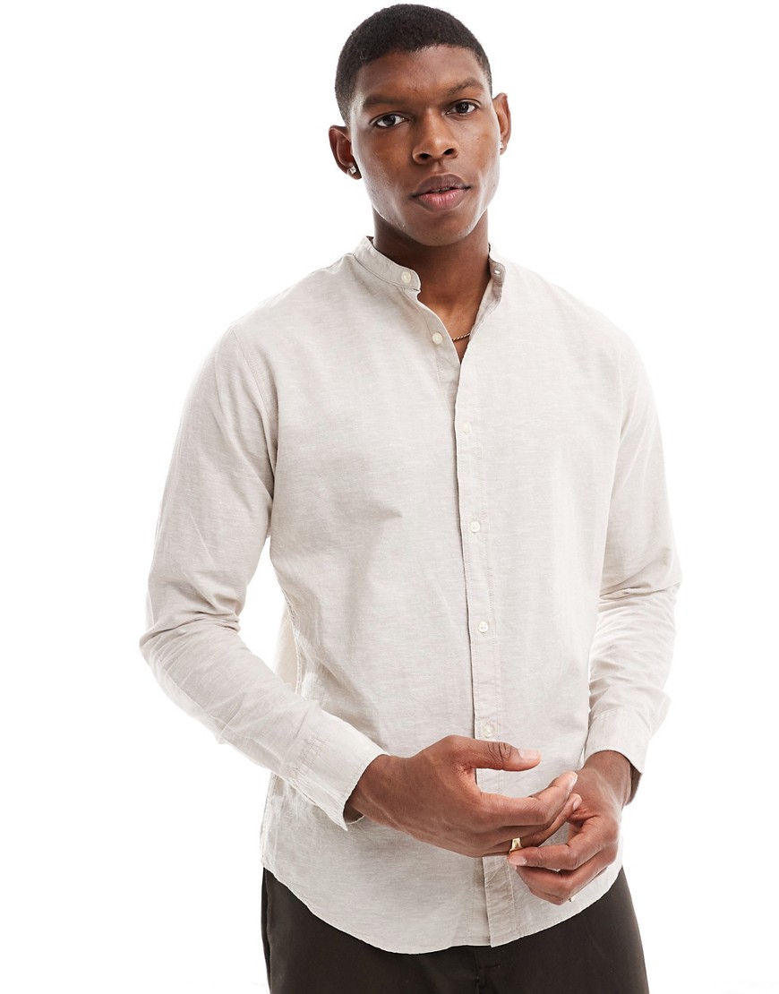 Jack & Jones Linen Mix Shirt With Band Collar In Beige-neutral