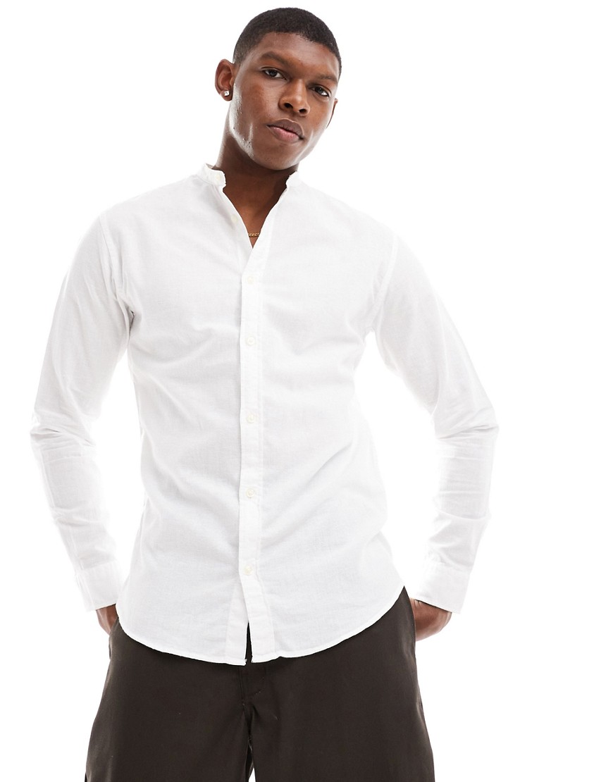 Jack & Jones Linen Mix Shirt With Band Neck In White