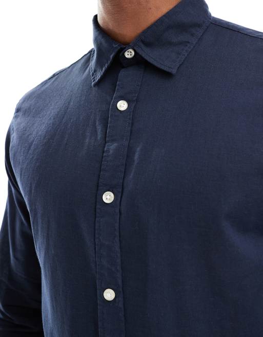 Jack & Jones linen mix shirt with long sleeve in navy | ASOS