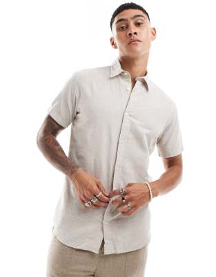 Jack & Jones Linen Mix Shirt With Long Sleeves In Beige-neutral