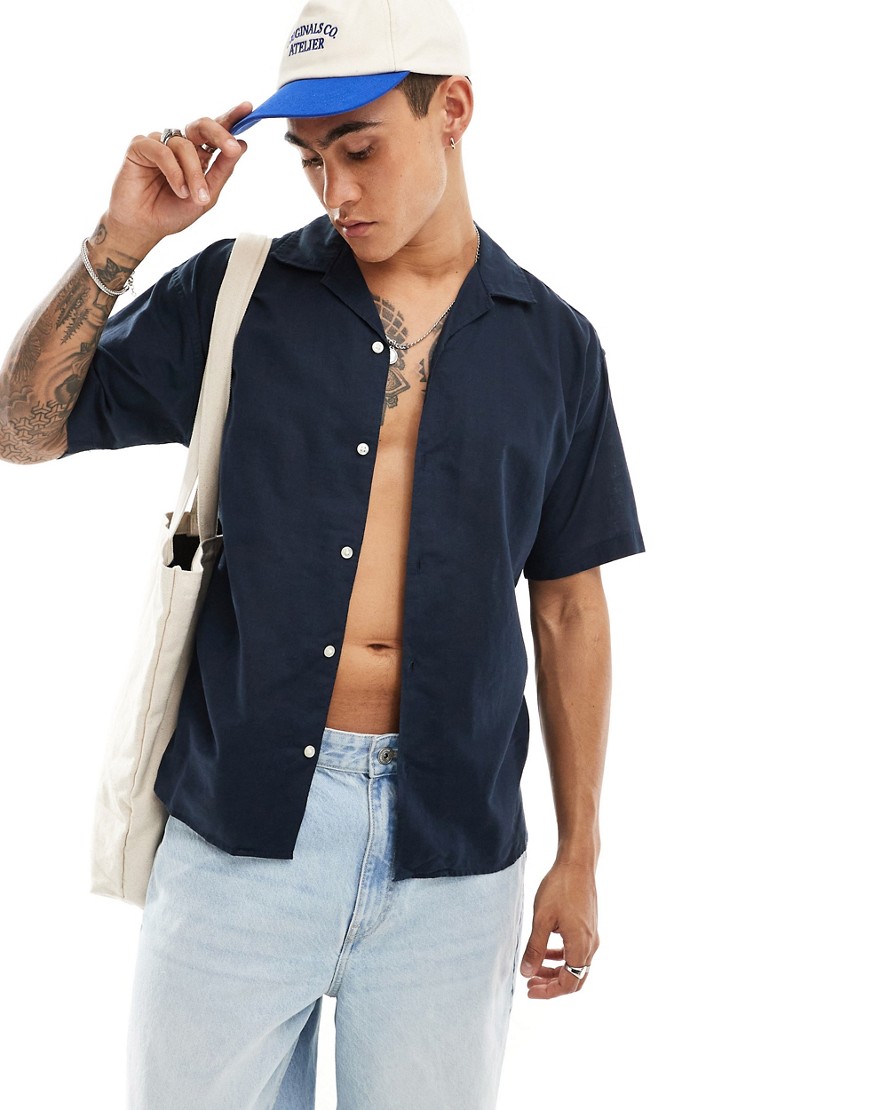 Jack & Jones Linen Mix Shirt With Revere Collar In Navy