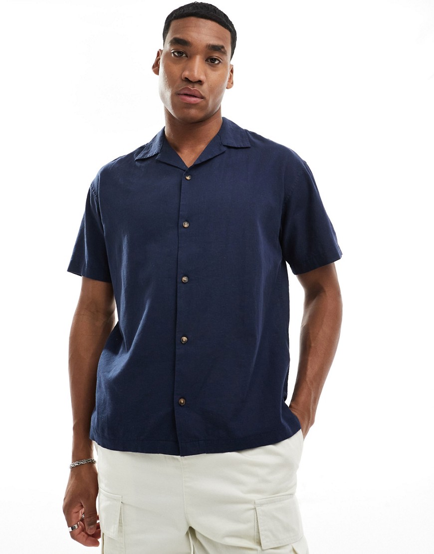 Jack & Jones Linen Mix Shirt With Revere Collar In Navy