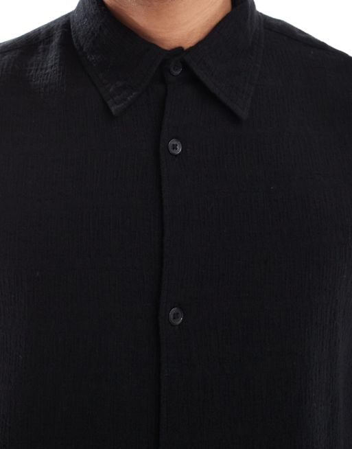 Jack & Jones linen mix textured straight hem overshirt in black, 5 of 5