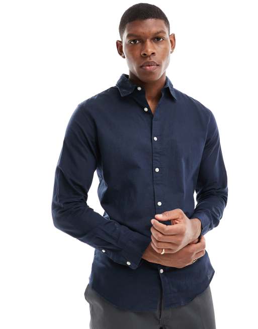 Jack & Jones linen shirt with long sleeve in navy | ASOS