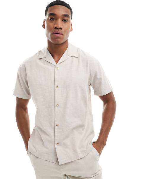 Jack & Jones linen shirt with revere collar in beige - view 1