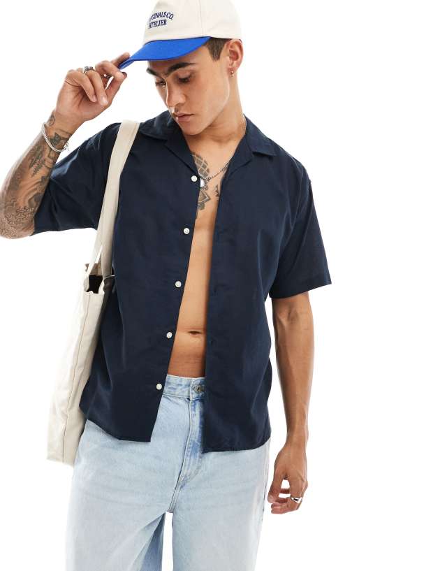 Jack & Jones - linen shirt with revere collar in navy