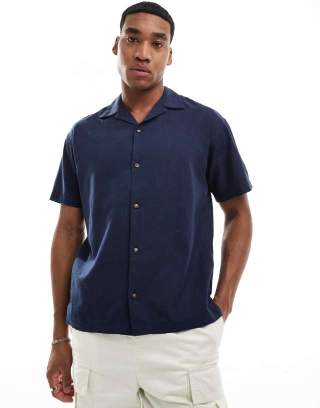 Jack & Jones - linen shirt with revere collar in navy