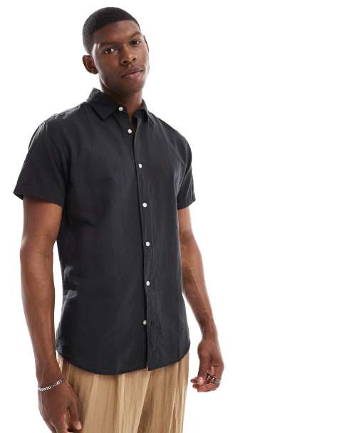 Jack & Jones linen blend short sleeved shirt in black