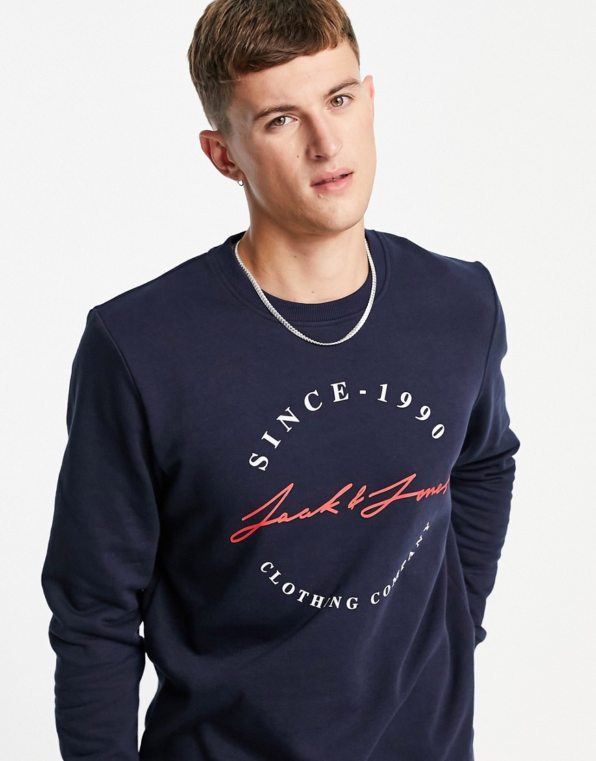 Jack & Jones logo crew neck sweatshirt in navy