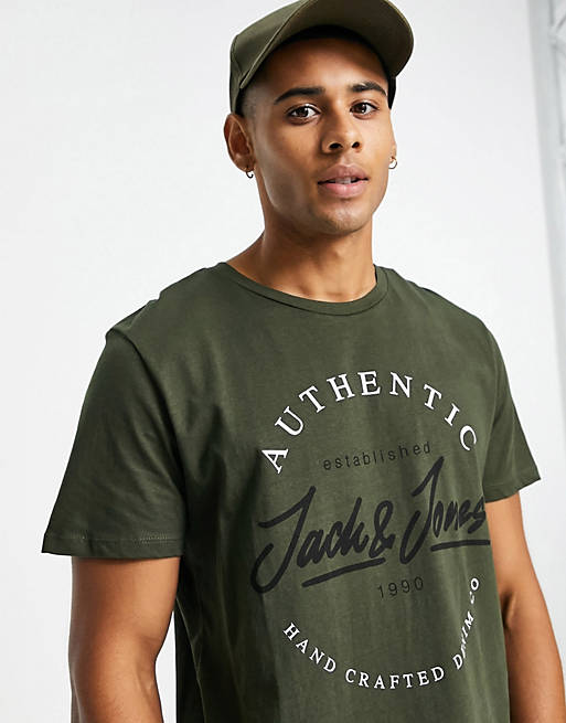 Jack & Jones logo crew neck T-shirt in forest green | ASOS