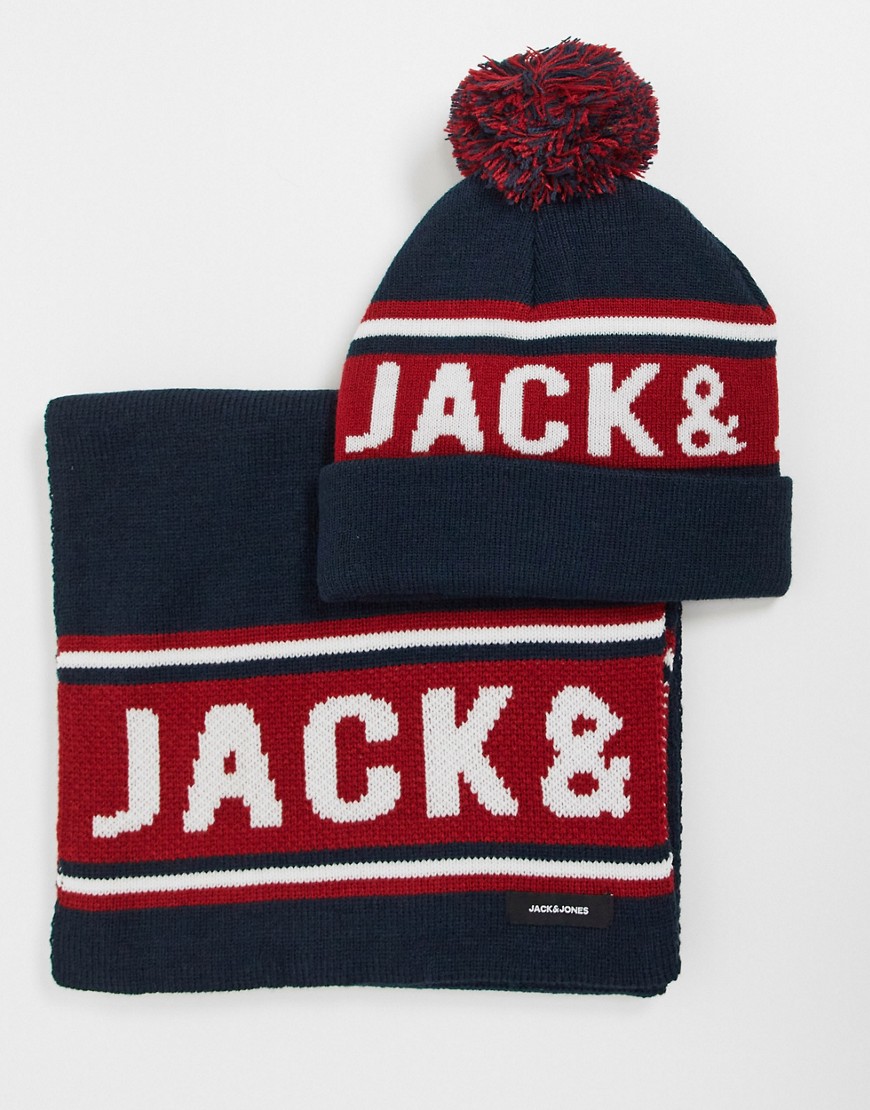 Jack & Jones logo hat & scarf gift set in navy