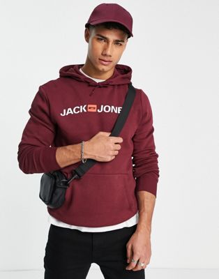 Jack & Jones logo hoodie in burgundy