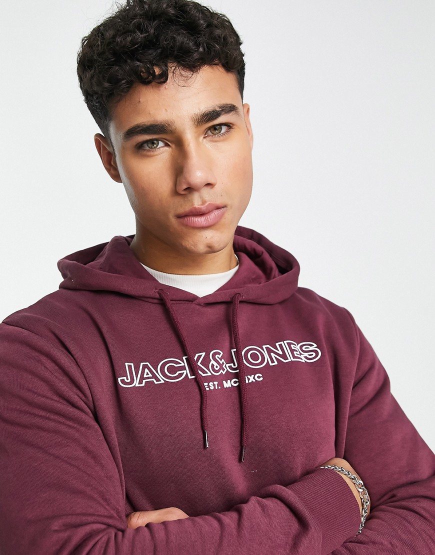 Jack & Jones logo hoodie in burgundy-Red
