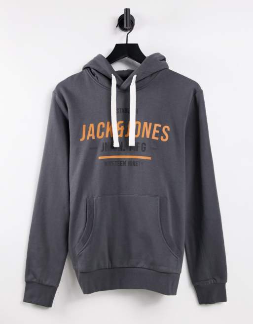 Jack & Jones logo overhead hoodie in ashphalt grey