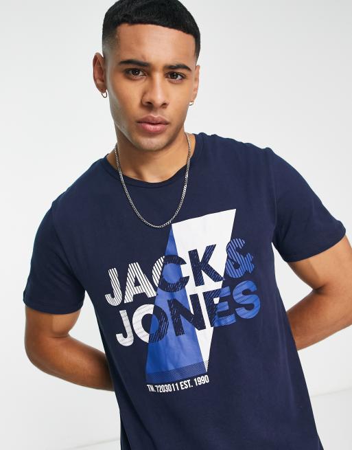 Jack & Jones logo print crew neck t-shirt in navy | ASOS