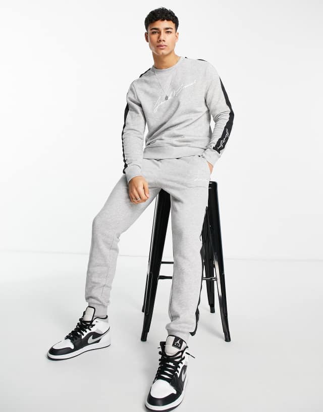 Jack & Jones logo side stripe tracksuit in gray