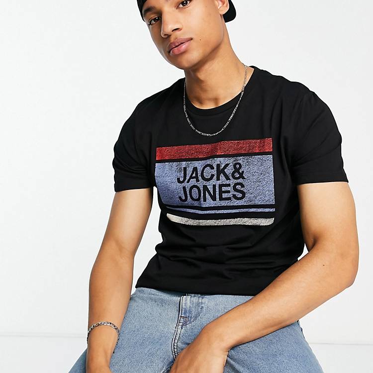 efter skole tøffel Saga Jack & Jones logo t-shirt in black | ASOS
