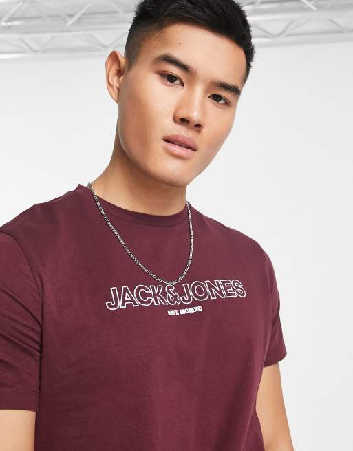 Jack & Jones logo tshirt in burgundy ASOS