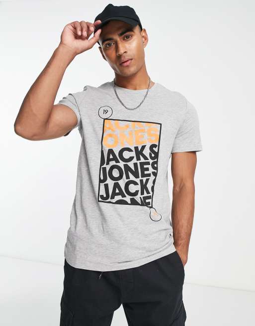 Jack & Jones logo tshirt in light grey melange ASOS
