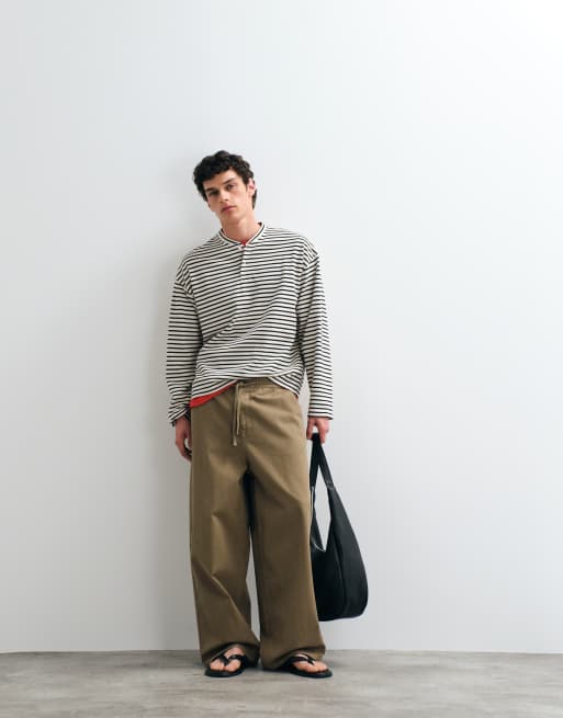 Jack & Jones long sleeve henley top in black and white stripe, 2 of 5