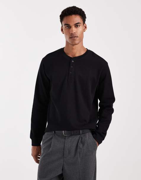 Jack & Jones long sleeve henley top in black