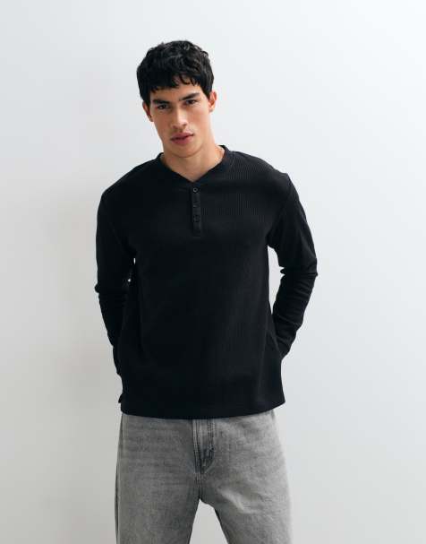 Jack & Jones long sleeve henley top in black - view 1